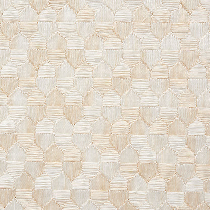Ivory embroidery fabric with a geometric hexagonal pattern and subtle raised texture; ideal for upholstery or drapery.