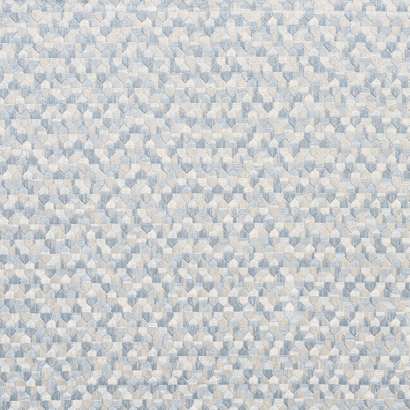 Light blue and ivory woven fabric with a tiny geometric hex/diamond pattern; soft textured upholstery material.