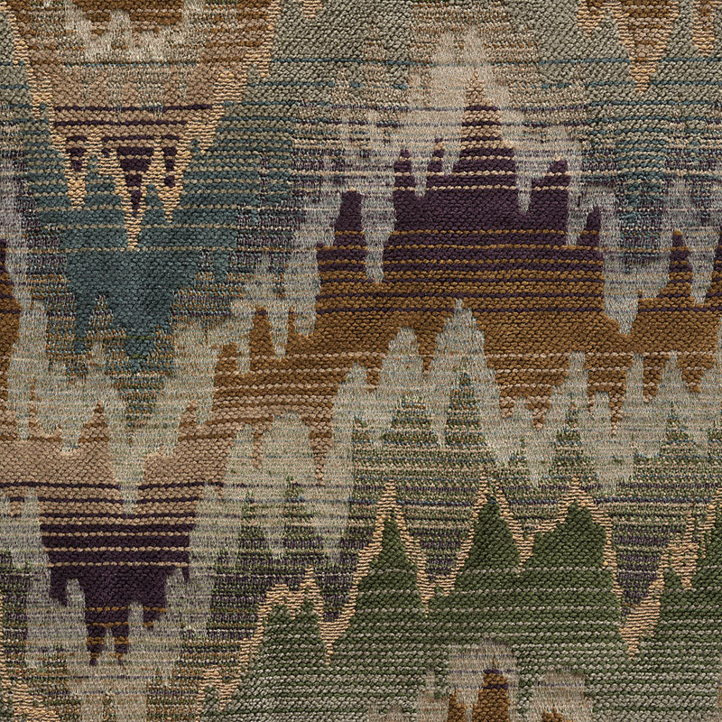 Woven flamestitch pattern area rug with jagged zigzag tribal motif in teal, ivory, brown, green and purple