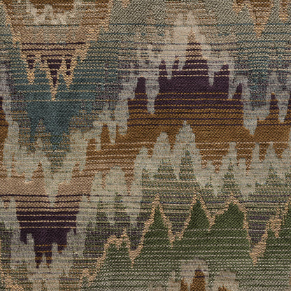 Woven flamestitch pattern area rug with jagged zigzag tribal motif in teal, ivory, brown, green and purple