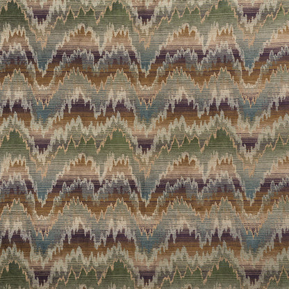 Multicolor chevron ikat rug in muted greens, browns, teal & plum; woven textile for living room decor.