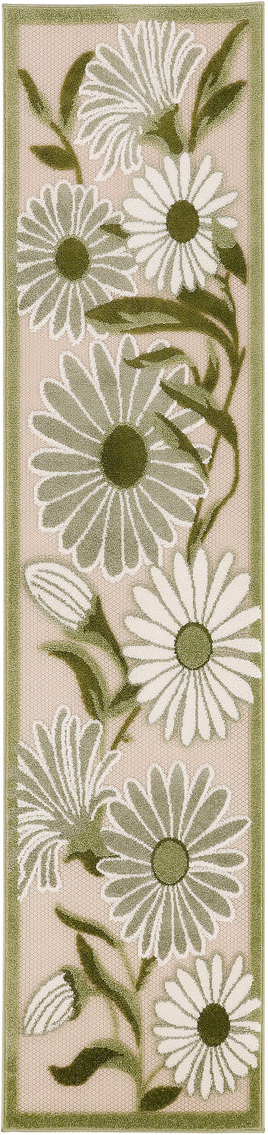 Narrow floral runner rug featuring white daisy blossoms with olive centers and green stems on soft pink with a green border.