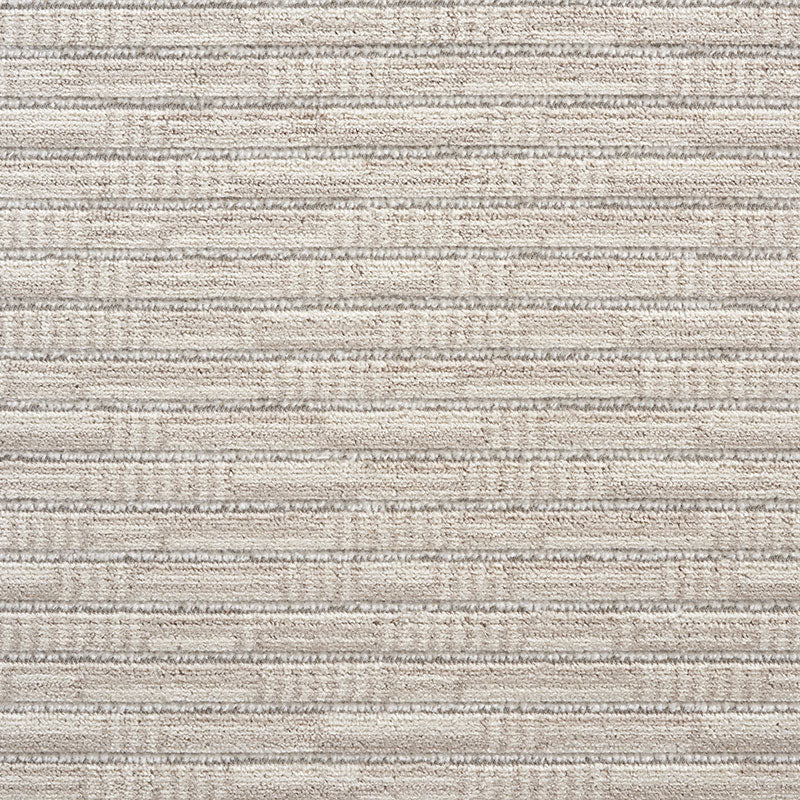 Beige striped textured rug with ribbed bands in neutral cream and taupe tones.