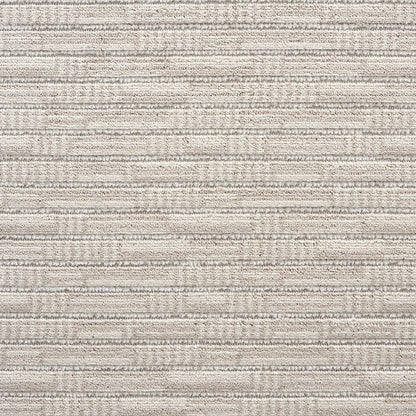 Beige striped textured rug with ribbed bands in neutral cream and taupe tones.