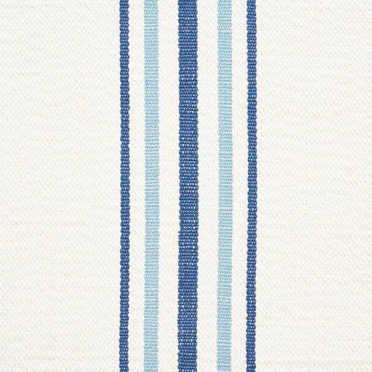 Cream linen-like woven fabric with vertical navy, medium blue, and light blue stripes.