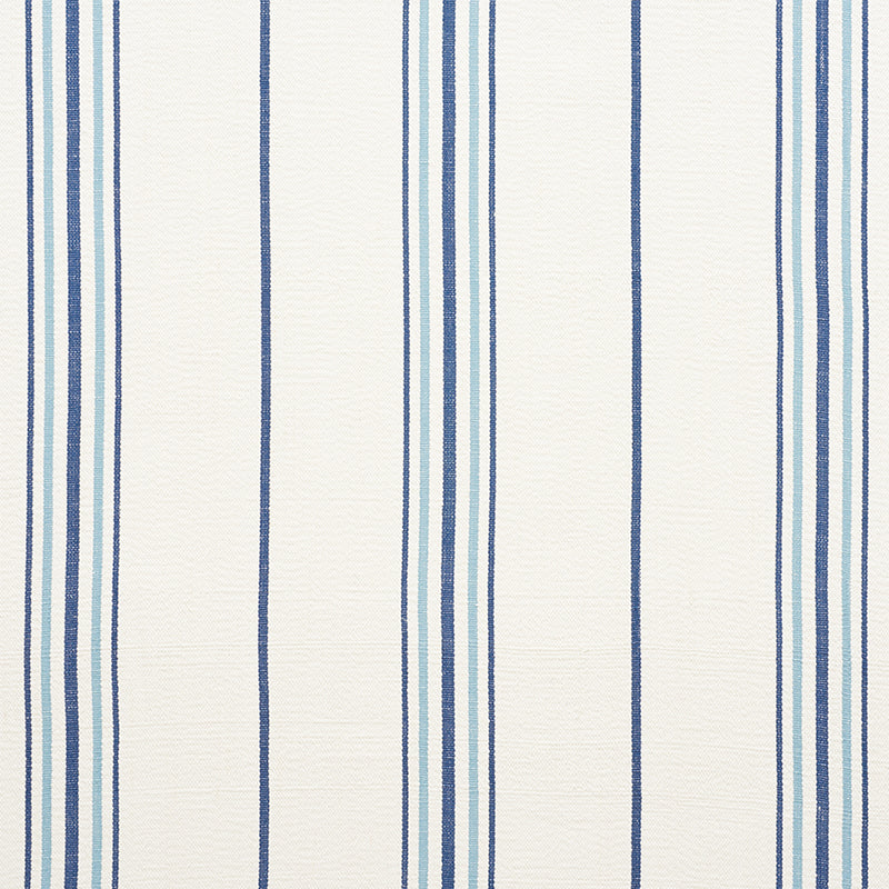 Cream fabric with vertical blue stripes in varying widths; textile pattern.