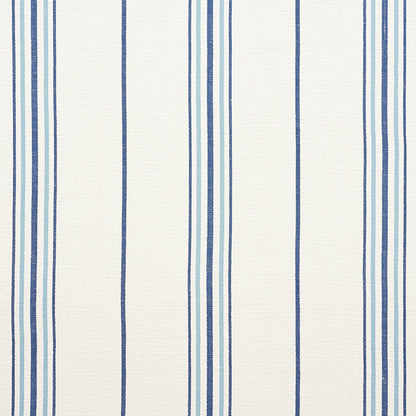 Cream fabric with vertical blue stripes in varying widths; textile pattern.