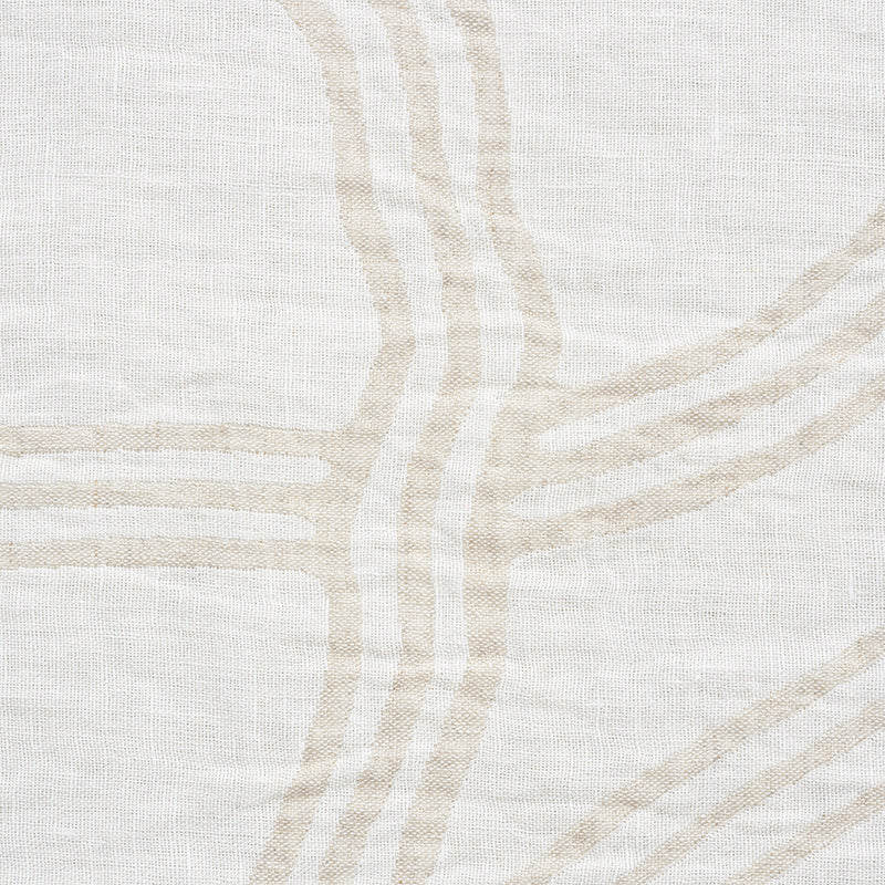 Cream linen fabric with beige looping lines forming an abstract curved pattern; versatile table linen or throw.