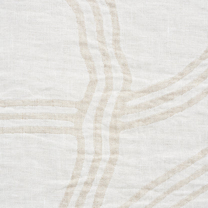 Cream linen fabric with beige looping lines forming an abstract curved pattern; versatile table linen or throw.