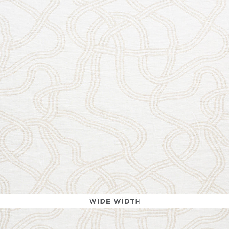 Cream casement sheers fabric with tan curving interwoven lines; wide width.