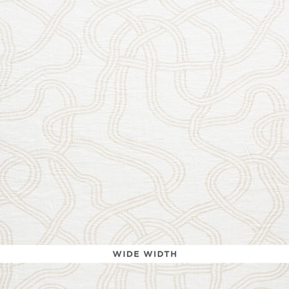 Cream casement sheers fabric with tan curving interwoven lines; wide width.