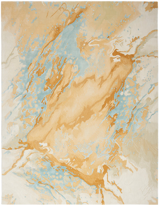 Abstract patterned area rug in beige, gold and light blue with organic swirls; modern, versatile home decor.