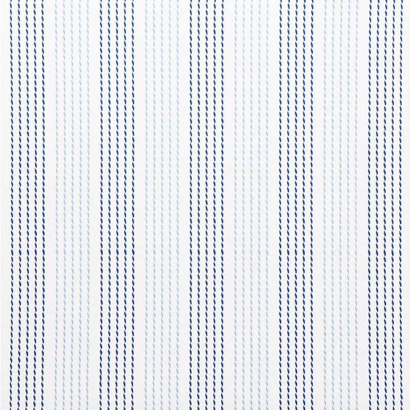White fabric with narrow vertical blue pinstripes, woven textile suitable for shirts or curtains.