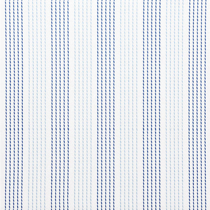 White fabric with narrow vertical blue pinstripes, woven textile suitable for shirts or curtains.
