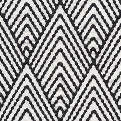 Close-up of black rope-textured chevron pattern on white fabric, bold geometric textile for upholstery.