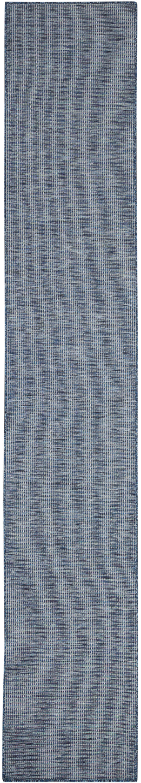Blue woven rug runner with subtle grid texture and bound edges; long, narrow hallway mat.