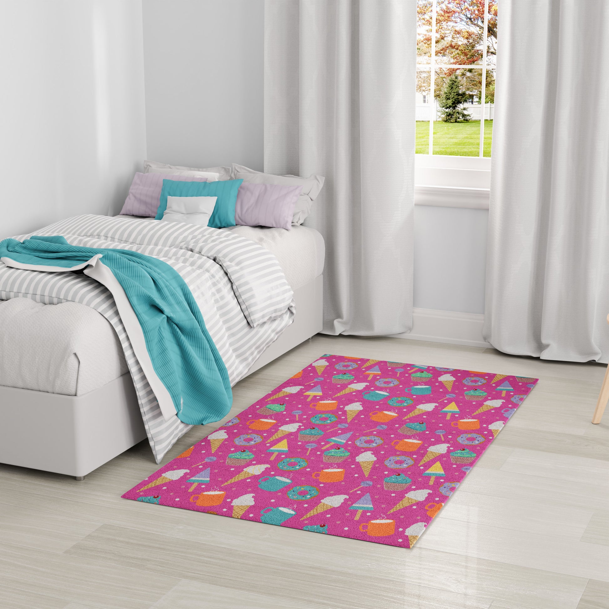 Magenta rug with multicolored geometric shapes beside a gray-striped bed in a bright modern kids' bedroom.