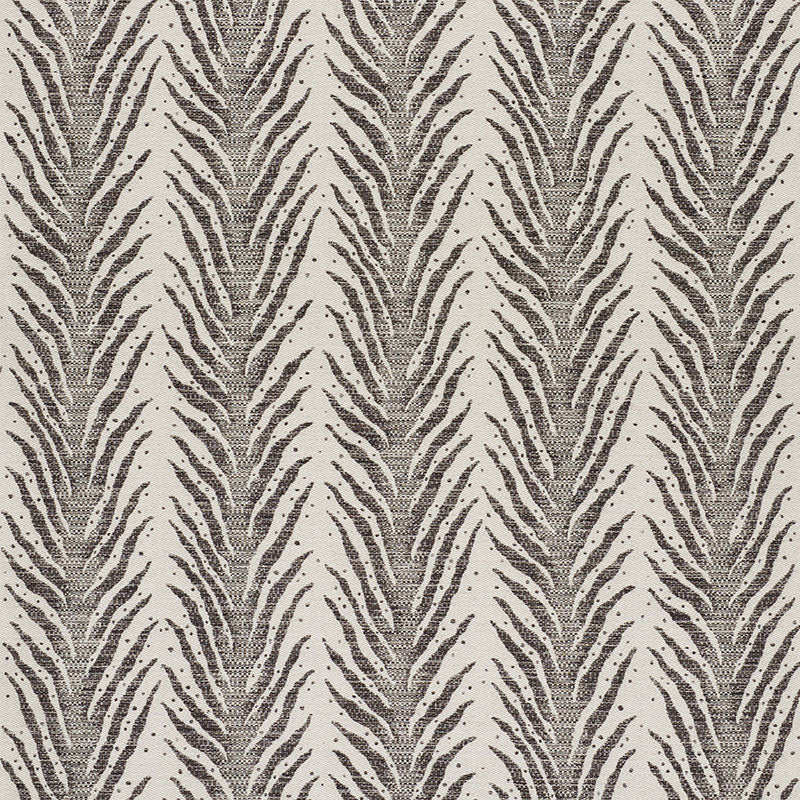 Beige fabric texture with repeating dark gray feather/leaf stripe pattern; vertical chevrons for modern rug or wallpaper.