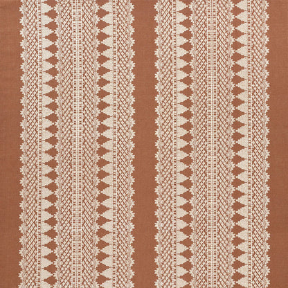 Brown textile with white vertical lace-like stripe motifs; rustic woven rug or table runner.