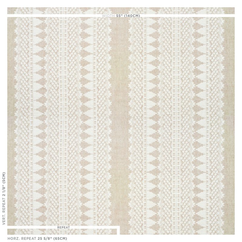 Beige fabric with cream vertical lace stripes and geometric motifs; elegant drapery or upholstery textile.