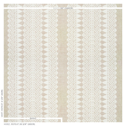 Beige fabric with cream vertical lace stripes and geometric motifs; elegant drapery or upholstery textile.