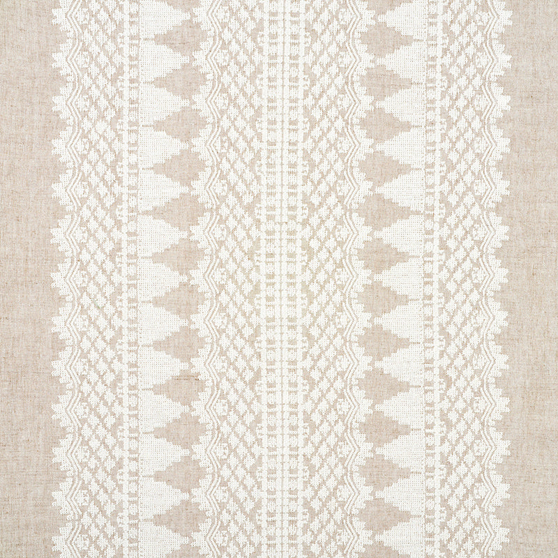 Beige linen textile with vertical white lace panels and scalloped edges; geometric lattice pattern.