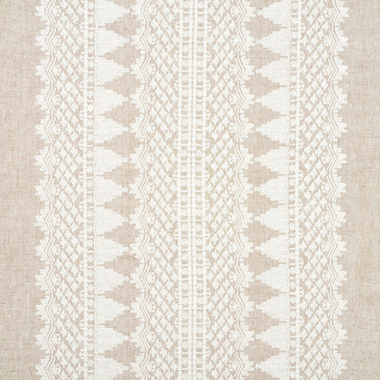 Beige linen textile with vertical white lace panels and scalloped edges; geometric lattice pattern.