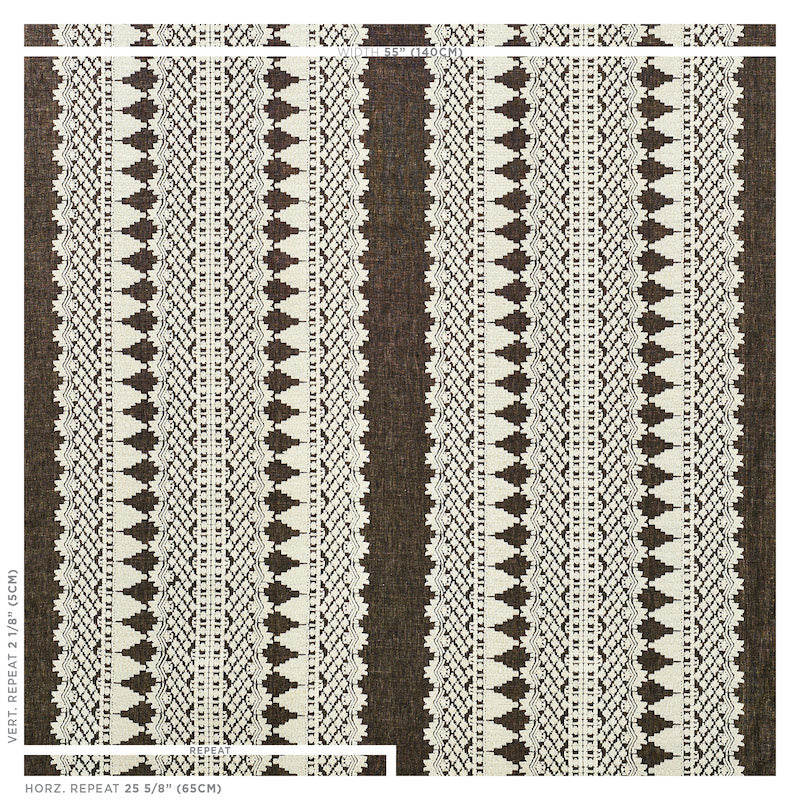 Brown and ivory vertical striped woven rug with geometric tribal motifs and repeating diamond patterns.