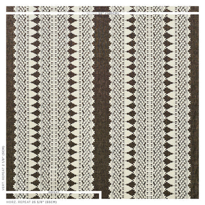 Brown and ivory vertical striped woven rug with geometric tribal motifs and repeating diamond patterns.