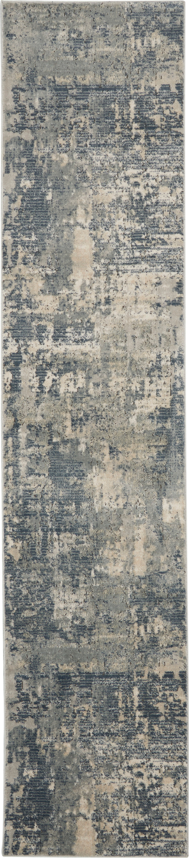 Abstract distressed blue-gray and beige runner rug, long rectangular for hallway or living-room decor.