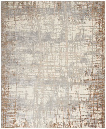 Neutral-toned abstract area rug with beige, cream and light gray grid patterns; distressed texture; modern geometric style.