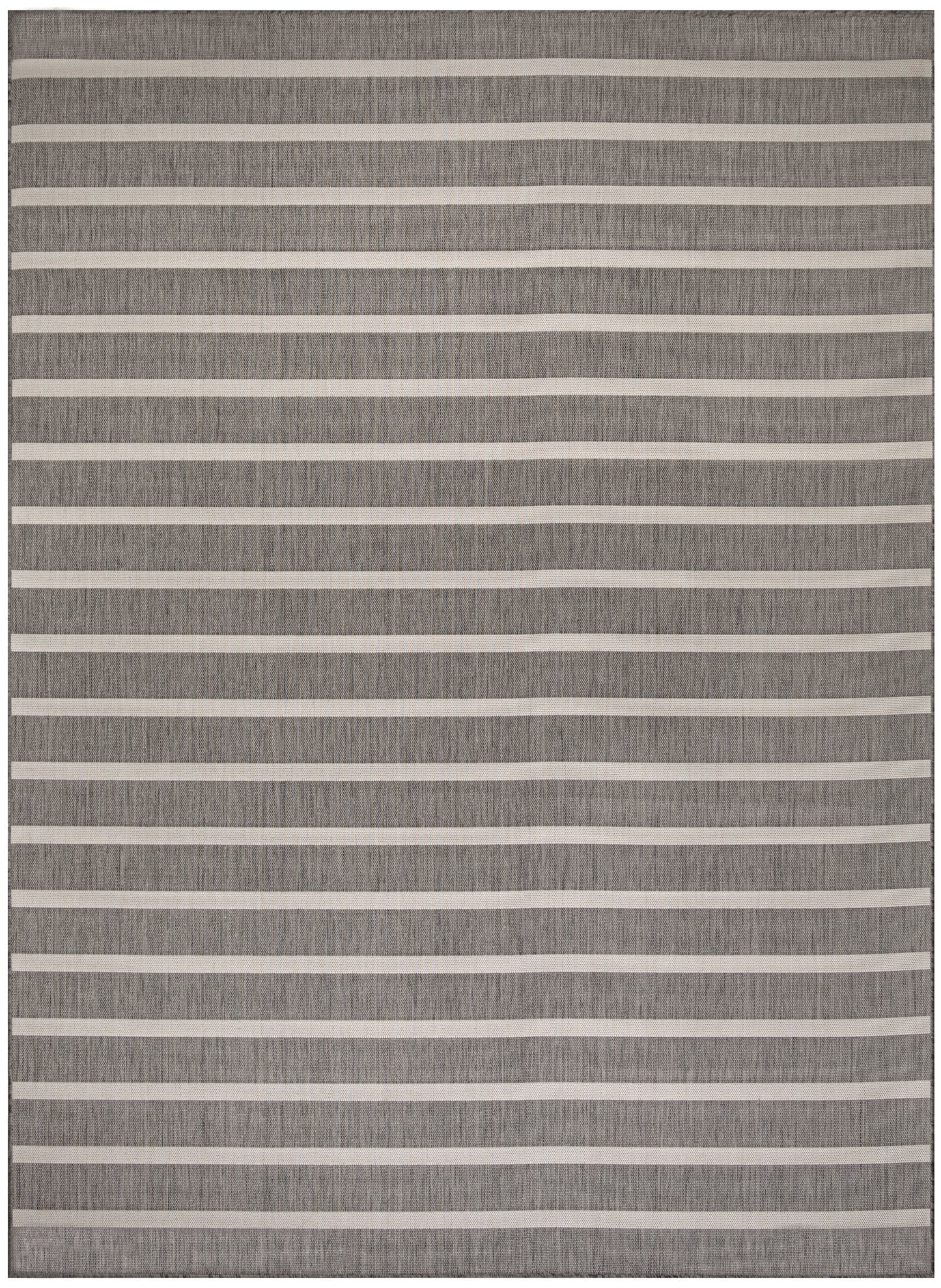 Gray flat-weave rug featuring cream horizontal stripes; minimalist rectangular design with subtle textured weave.