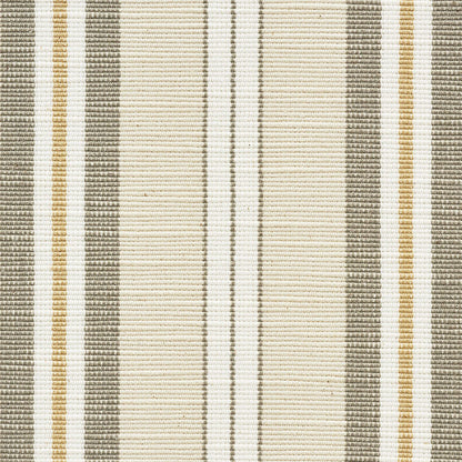 Woven striped rug in beige with taupe and mustard vertical stripes; textured, modern casual, ideal as runner or area rug.