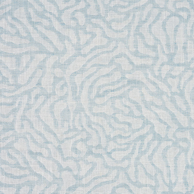 Light blue and white woven fabric with abstract zebra-like stripes for upholstery or decor.