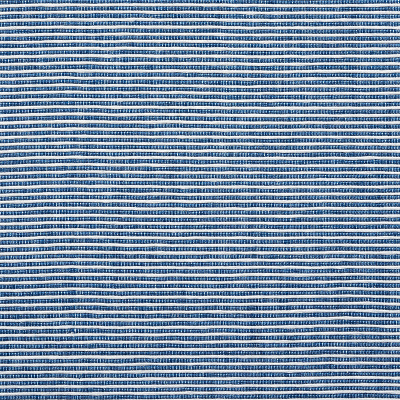 Blue striped woven fabric with thin white horizontal lines, denim-inspired casual textile.