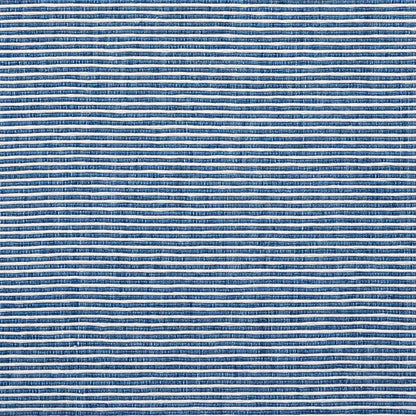 Blue striped woven fabric with thin white horizontal lines, denim-inspired casual textile.