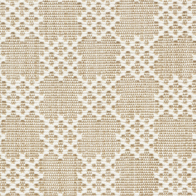 Beige jacquard damask fabric with ivory floral lattice pattern, woven texture for upholstery or drapery.