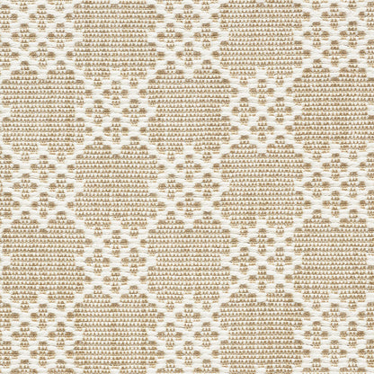 Beige jacquard damask fabric with ivory floral lattice pattern, woven texture for upholstery or drapery.