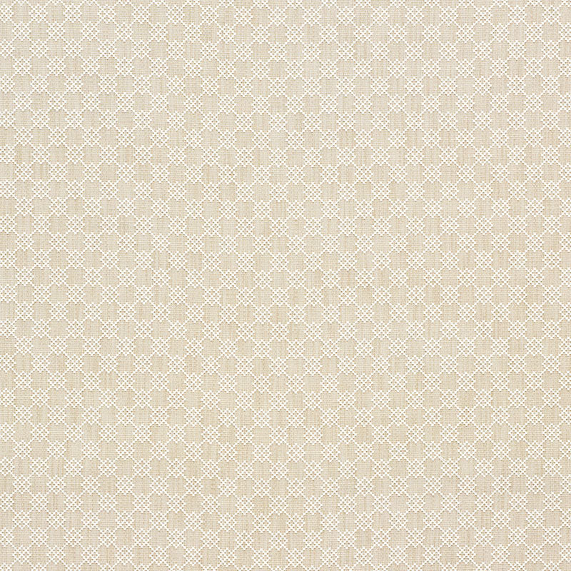 Beige wallpaper featuring a subtle cream lattice and quatrefoil pattern; warm neutral decor.