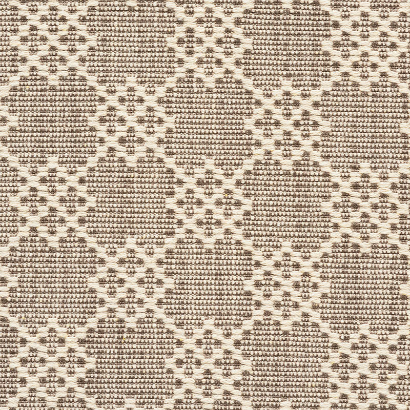 Beige-brown jacquard damask fabric with diamond lattice and floral motifs, suitable for upholstery or drapery.