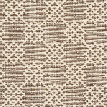 Beige-brown jacquard damask fabric with diamond lattice and floral motifs, suitable for upholstery or drapery.
