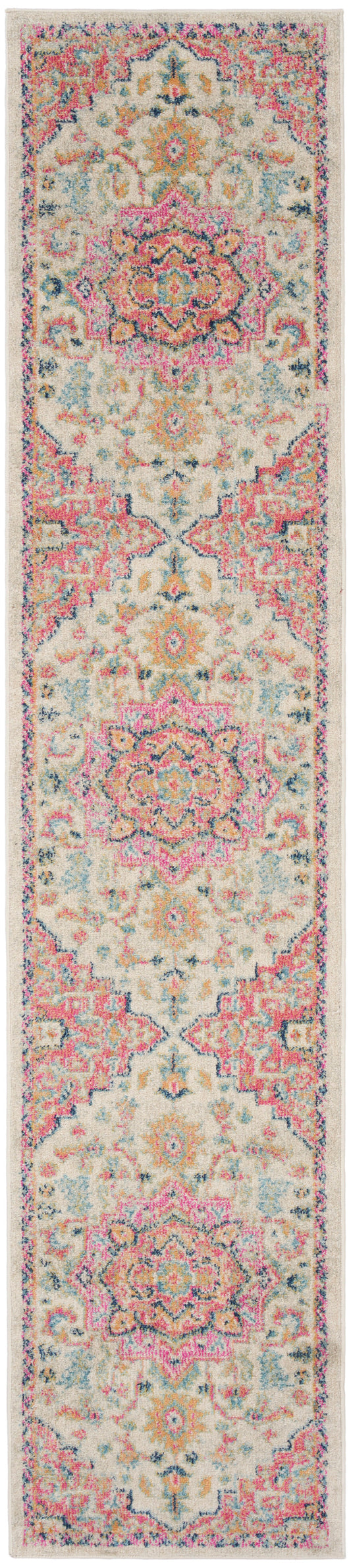 Persian-inspired runner rug with cream background, pink magenta, teal and gold medallions in a vibrant ornate pattern.