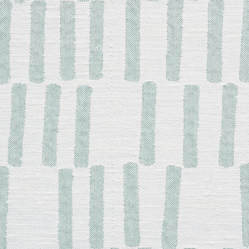 White textured fabric with pale teal vertical brush-stroke bars in a repeating grid pattern.