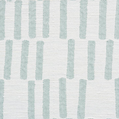 White textured fabric with pale teal vertical brush-stroke bars in a repeating grid pattern.