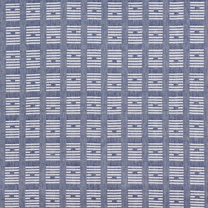 Blue woven fabric with repeating white ladder stripes in a grid pattern; casual denim-inspired textile.
