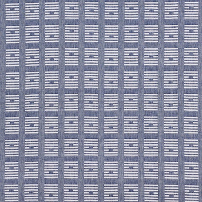 Blue woven fabric with repeating white ladder stripes in a grid pattern; casual denim-inspired textile.