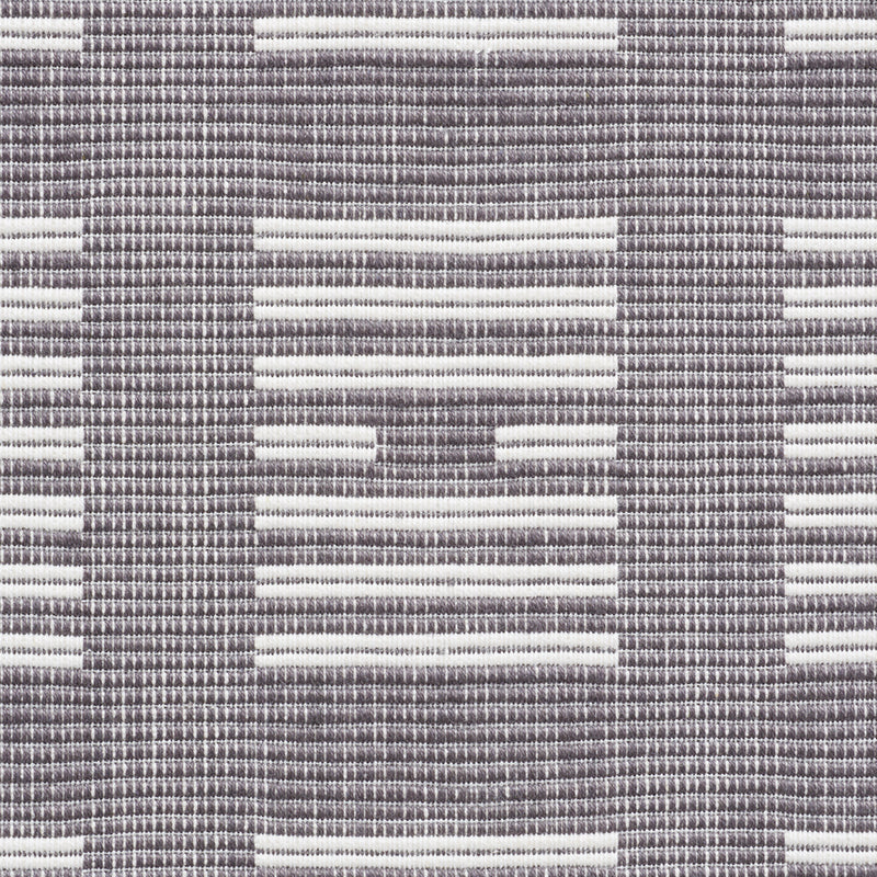 Gray and white woven fabric with a geometric rectangular stripe pattern, upholstery texture.