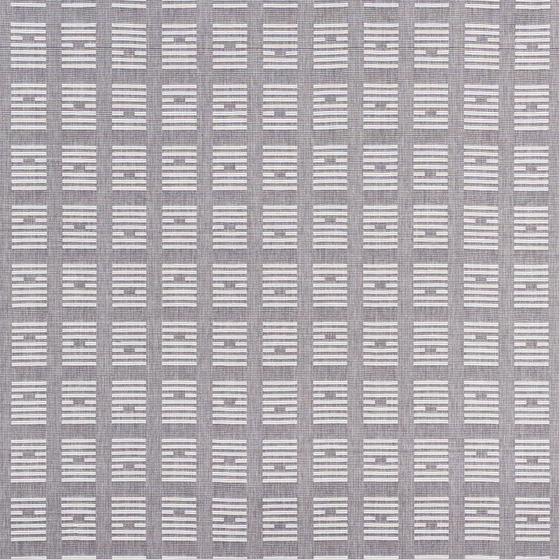 Gray woven fabric with a geometric grid of white horizontal bars forming small rectangles.