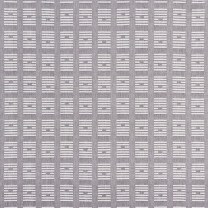 Gray woven fabric with a geometric grid of white horizontal bars forming small rectangles.