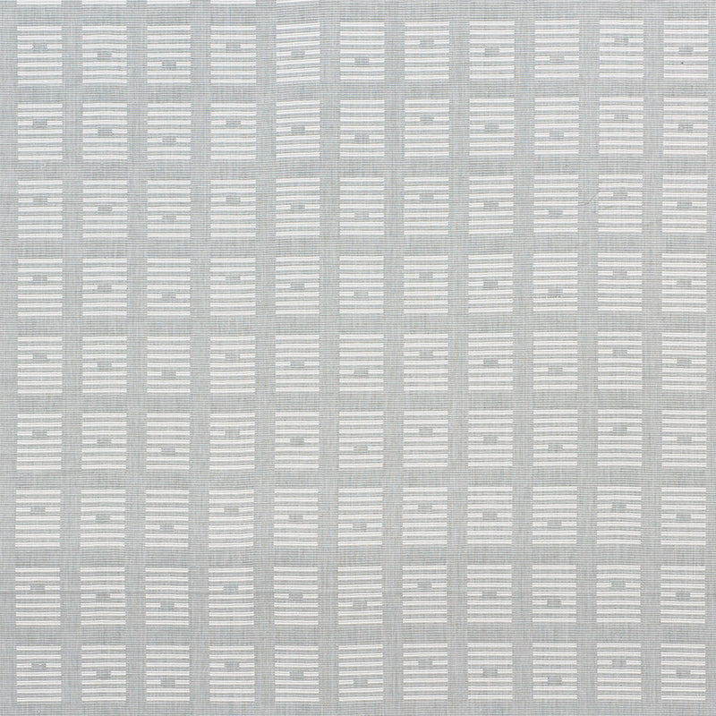 Gray woven fabric with pale white horizontal stripe blocks forming a subtle grid; modern upholstery or drapery textile.